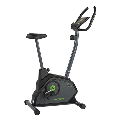 dette er en Tunturi Cardio Fit B30 Motionscykel i farven sort, med grønne detaljer.